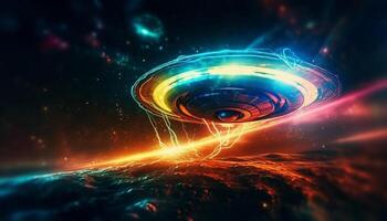 trogen rymdskepp resor genom lysande galax, en fantasi äventyr genererad förbi ai foto