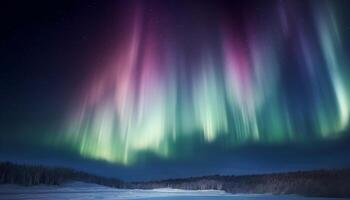 lugn vinter- natt upplyst förbi majestätisk aurora polaris mysterium genererad förbi ai foto