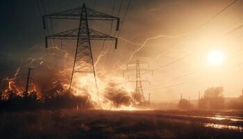 solnedgång silhuett av elektricitet pylon i natur kraft tillförsel rutnät genererad förbi ai foto