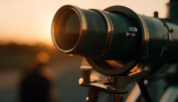 professionell fotograf zoomar i på skinande krom Utrustning i solnedgång scen genererad förbi ai foto
