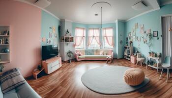 modern lägenhet med elegant dekor, bekväm soffa, och upplyst mönster genererad förbi ai foto