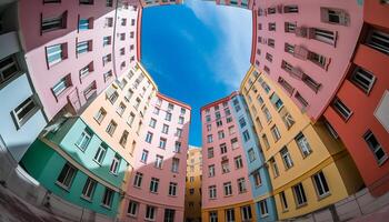 modern skyskrapa speglar vibrerande stad liv i abstrakt, färgrik design genererad förbi ai foto