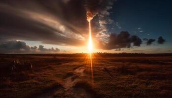 de ljus orange Sol uppsättningar över de lugn afrikansk landskap genererad förbi ai foto