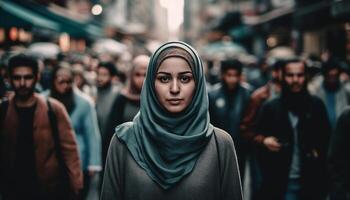 en leende ung kvinna i hijab ser på kamera självsäkert genererad förbi ai foto