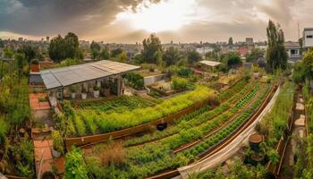 en panorama- stadsbild på skymning, med grön tillväxt och Nej människor genererad förbi ai foto
