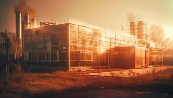industriell fabrik avger förorening från skorsten på skymning, skadligt miljö genererad förbi ai foto