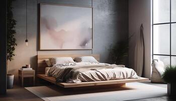 modern lyx sovrum med mysigt dubbel- säng och elegant dekor genererad förbi ai foto
