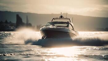 snabb motorbåt segling på blå vågor, lyx Yacht för sommar semester genererad förbi ai foto