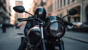ridning en skinande motorcykel genom stad trafik på skymning äventyr genererad förbi ai foto
