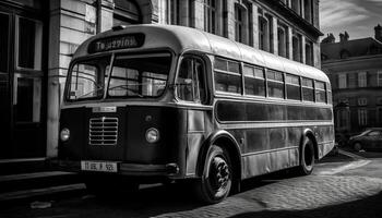 dubbel- däck buss hastigheter genom stad, belysande historisk arkitektur i svartvit genererad förbi ai foto