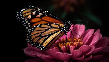 de vibrerande monark fjäril pollinerar en bräcklighet av daisy genererad förbi ai foto