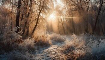 läskigt tall träd står i snöig skog under häftig snöstorm väder genererad förbi ai foto