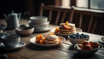 friska hemlagad blåbär pannkakor med organisk honung, en ljuv variation genererad förbi ai foto