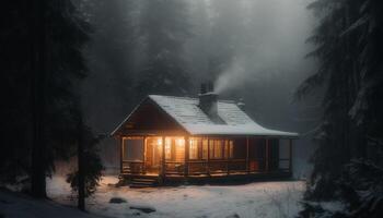 en läskigt hydda i de skog, upplyst förbi vinter- frost genererad förbi ai foto