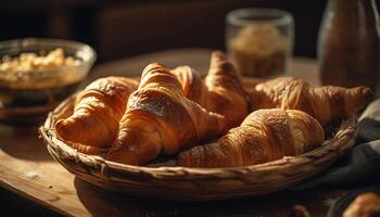 en nyligen bakad croissant på en trä- tabell med kaffe genererad förbi ai foto