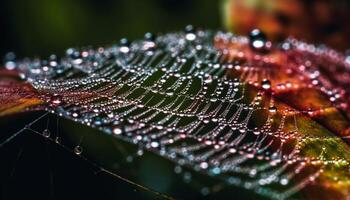 Spindel webb glittrar med dagg, reflekterande natur skönhet utomhus genererad förbi ai foto