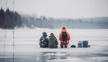 två män is fiske i kall vinter- väder, njuter fritid aktivitet genererad förbi ai foto