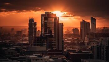 silhuett av skyskrapor mot blå solnedgång himmel, stad liv panorama genererad förbi ai foto