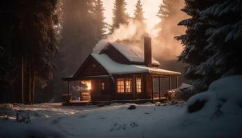 en mysigt vinter- stuga inbäddat i en snöig skog landskap genererad förbi ai foto