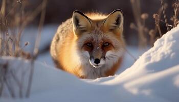 röd räv, varna i vinter- vildmark, ser på kamera genererad förbi ai foto