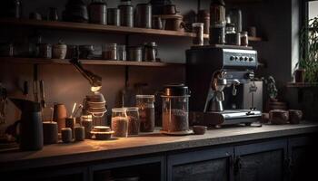 Barista förbereder färsk kaffe använder sig av rustik Utrustning i inhemsk kök genererad förbi ai foto