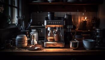 rustik espresso tillverkare brygger varm, gourmet cappuccino i inhemsk kök genererad förbi ai foto