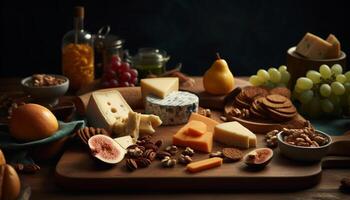 en rustik ost styrelse med en mängd av gourmet delikatesser genererad förbi ai foto