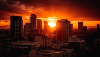 de vibrerande solnedgång tänds de modern stad horisont i skymning genererad förbi ai foto