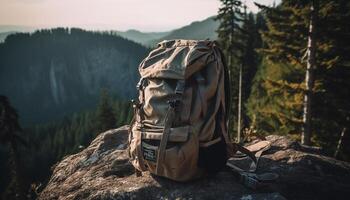 vandring genom de skog, ett person åtnjuter de soluppgång gryning genererad förbi ai foto