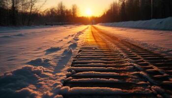 de lugn vinter- landskap försvinner in i de bakgrundsbelyst solnedgång genererad förbi ai foto