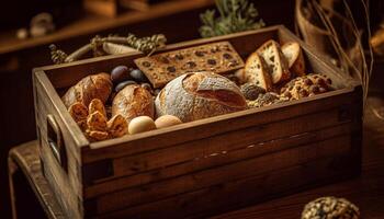 rustik trä- spjällåda innehar överflöd av hemlagad gourmet snacks och bröd genererad förbi ai foto
