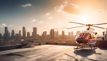 en modern helikopter svävar mitten luft över de ljus stadsbild genererad förbi ai foto