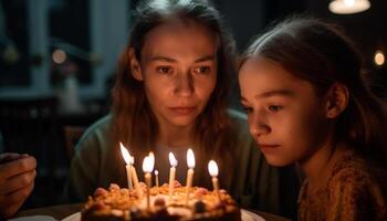 två söt flickor leende, fira födelsedag med stearinljus kaka inomhus genererad förbi ai foto
