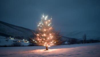 lugn vinter- skog upplyst förbi lysande jul dekorationer och stjärnor genererad förbi ai foto