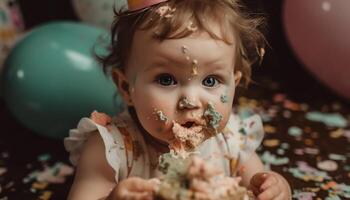 söt bebis flicka njuter choklad efterrätt på födelsedag fest utomhus genererad förbi ai foto
