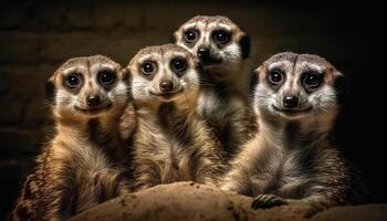 de söt meerkat och lemur stirra, varna, på de kamera genererad förbi ai foto