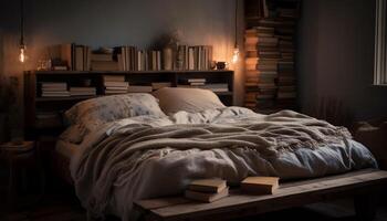 modern lyx sovrum med elegant design, bekväm strö, och litteratur genererad förbi ai foto