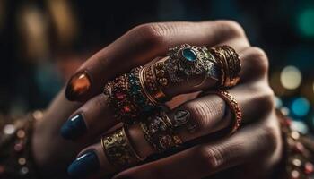 afrikansk brud innehav skinande guld armband, del av bröllop dekoration genererad förbi ai foto