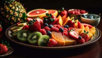 en färgrik frukt sallad med färsk bär och citrus- skivor genererad förbi ai foto