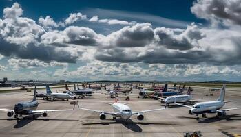 modern kommersiell flygplan tar av på en blå sommar dag genererad förbi ai foto