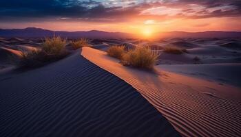 solnedgång över majestätisk berg räckvidd, randig sand sanddyner krusning mönster genererad förbi ai foto