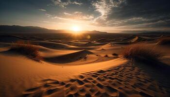 lugn solnedgång över krusigt sand sanddyner i avlägsen afrika genererad förbi ai foto