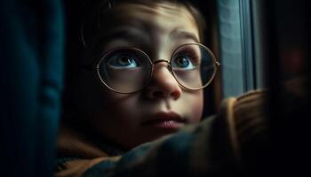 söt pojke med glasögon ser ut fönster, förlorat i trodde genererad förbi ai foto