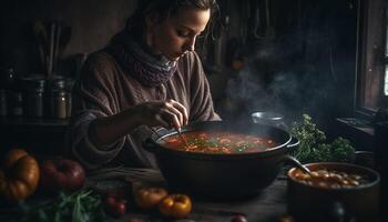 färsk vegetabiliska soppa, kokta på trä brand, perfekt för lunch genererad förbi ai foto