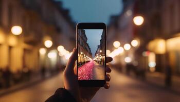 en ung vuxen innehav en smart telefon fotografering upplyst stadsbild genererad förbi ai foto