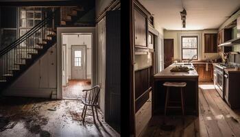 tömma rustik kök med gammal fashioned spis och trä- golv genererad förbi ai foto