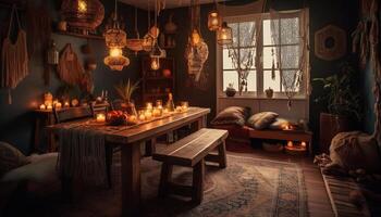 bekväm, modern Hem interiör med rustik levande ljus och lyx dekor genererad förbi ai foto