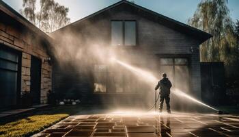 ett person stående utomhus, besprutning metall strukturera med lysande flamma genererad förbi ai foto