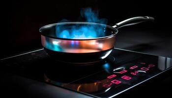 blå flamma glöder på spis topp brännare, uppvärmning matlagning panorera genererad förbi ai foto