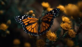 de monark fjäril vibrerande vingar pollinera en enda blomma genererad förbi ai foto